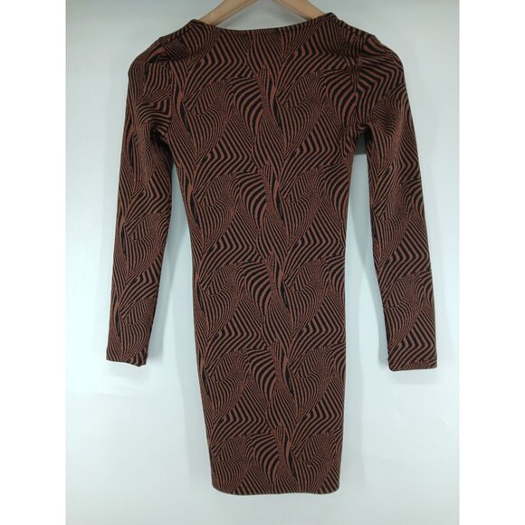 Zara Jacquard Knit Bodycon Tie Front Mini Dress Small Brown Geometric Keyhole - Picture 3 of 6